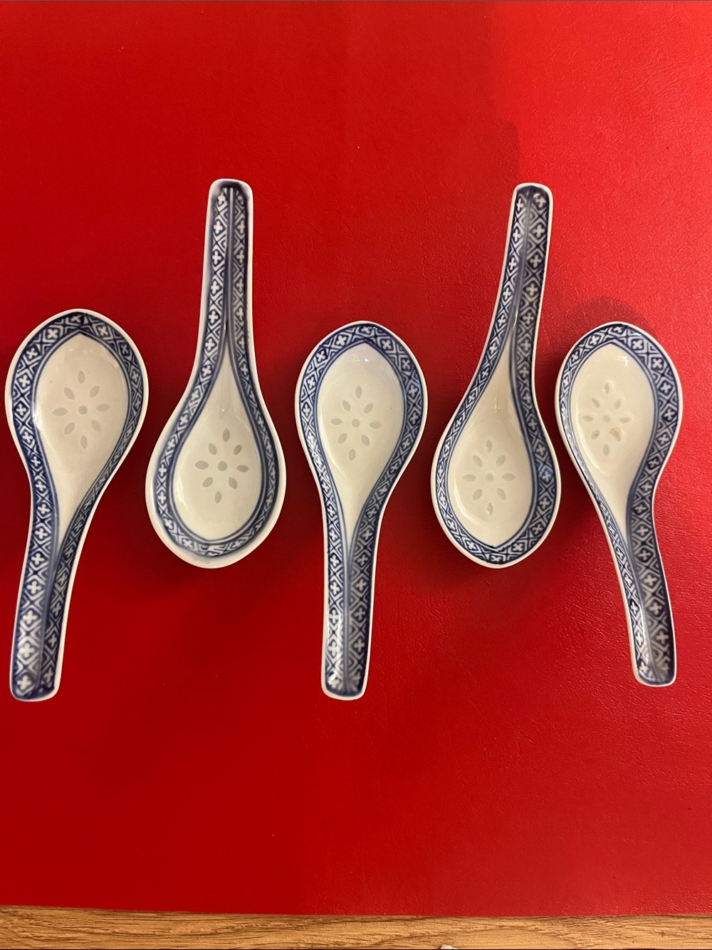 5 Vintage Chinese Rice Eyes Soup Spoons, 5.5”L 2”W